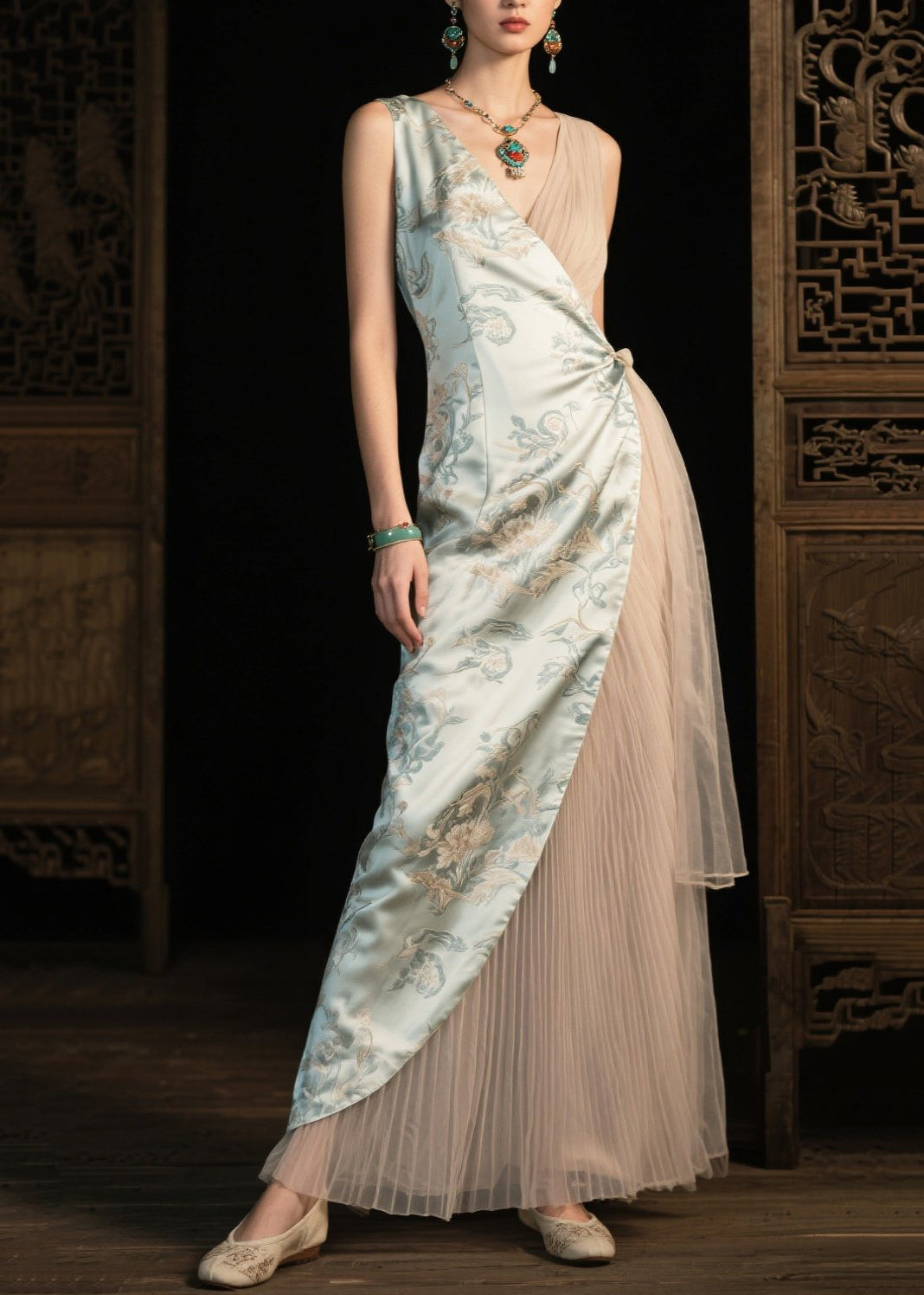 Women Light Green Asymmetrical Patchwork Silk Pleated Dresses Summer