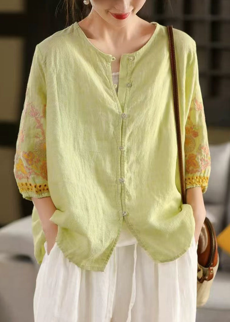 Women Light Green Embroidered Linen Shirts Bracelet Sleeve