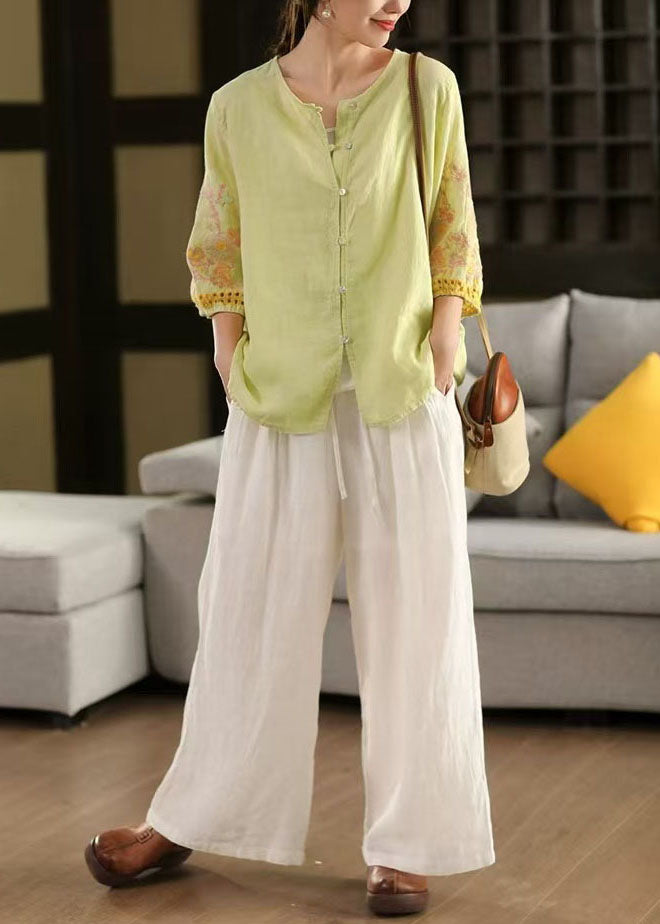 Women Light Green Embroidered Linen Shirts Bracelet Sleeve