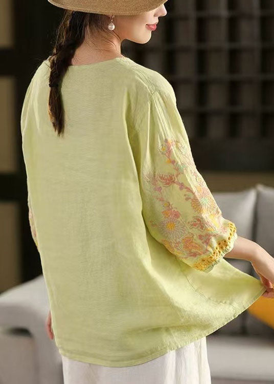 Women Light Green Embroidered Linen Shirts Bracelet Sleeve