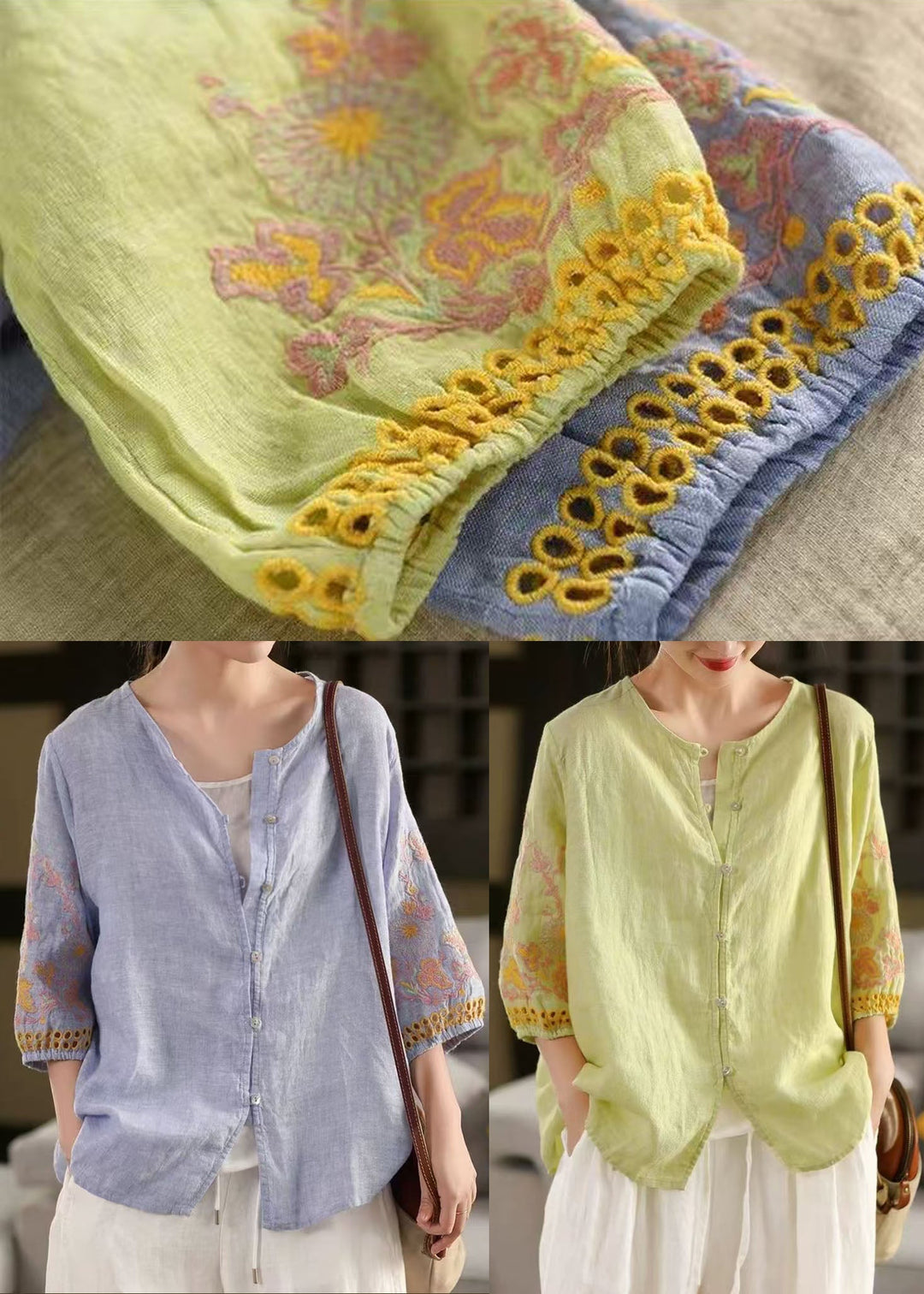 Women Light Green Embroidered Linen Shirts Bracelet Sleeve