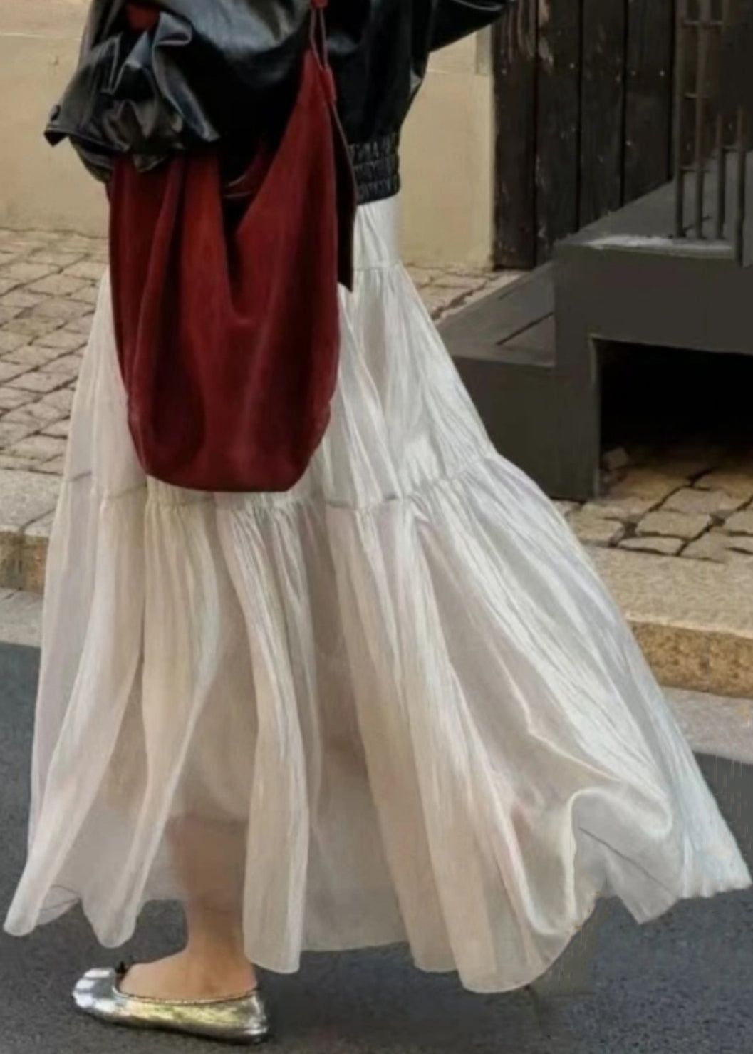 Women Light Grey Wrinkled Elastic Waist Silk Skirts Summer