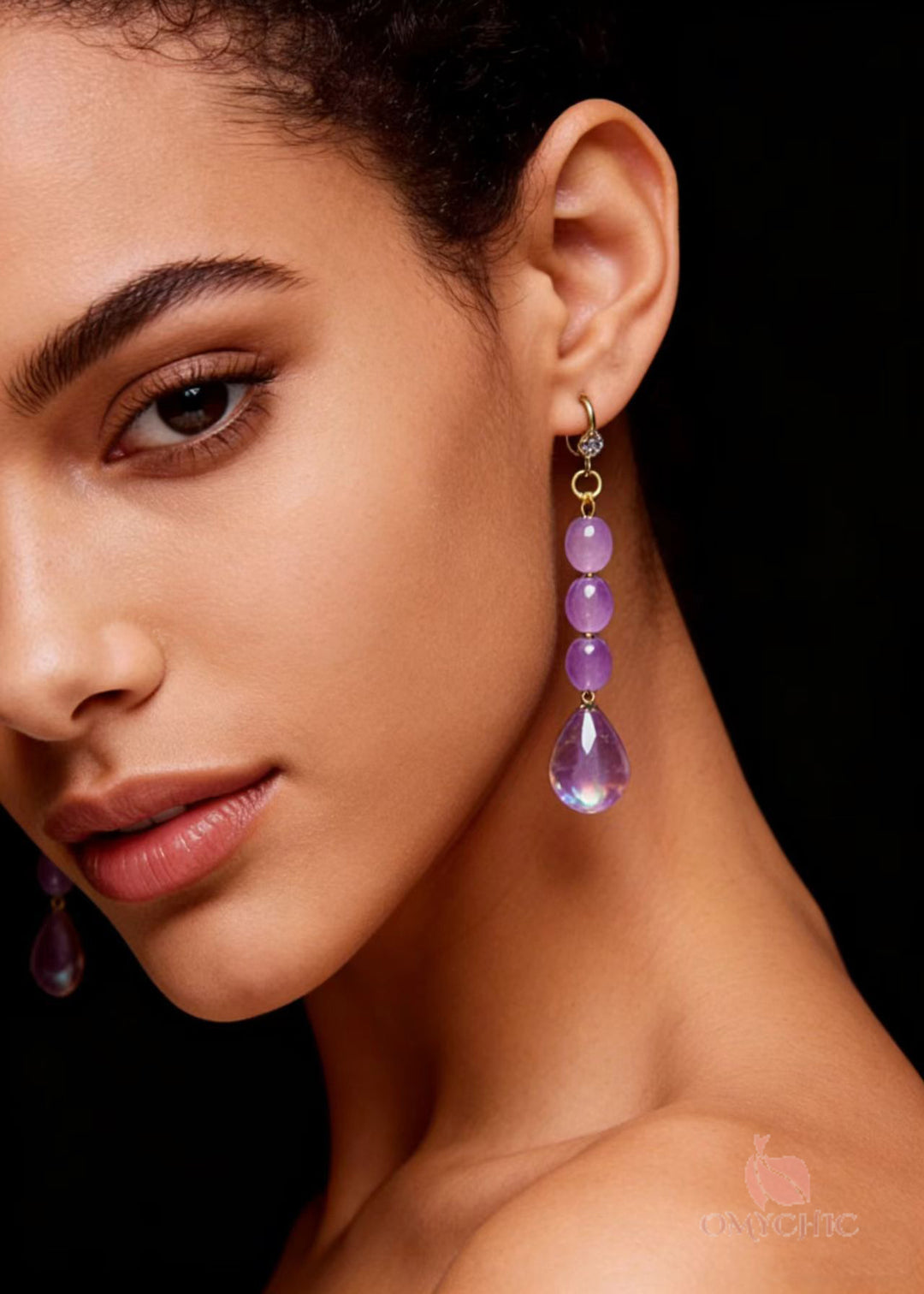 Women Light Purple Droplet Shape Crystal Drop Earrings