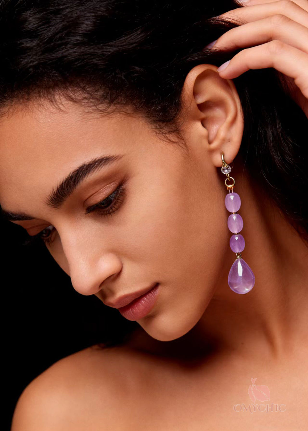 Women Light Purple Droplet Shape Crystal Drop Earrings