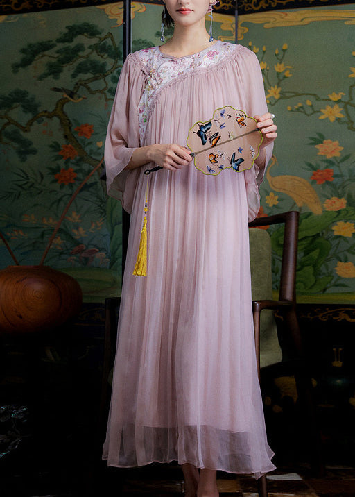 Women Light Purple Embroidered Silk Ankle Dress Summer