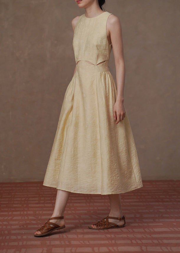 Women Light Yellow Hollow Out Jacquard Dresses Sleeveless