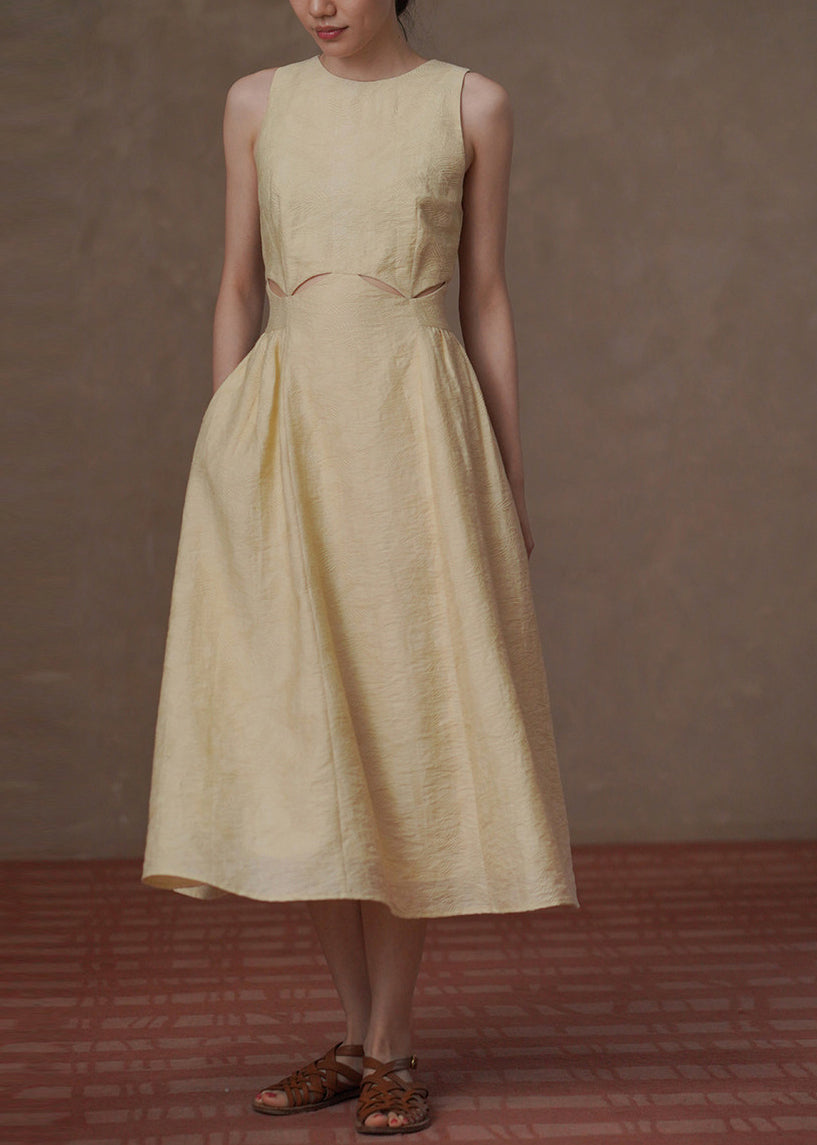 Women Light Yellow Hollow Out Jacquard Dresses Sleeveless