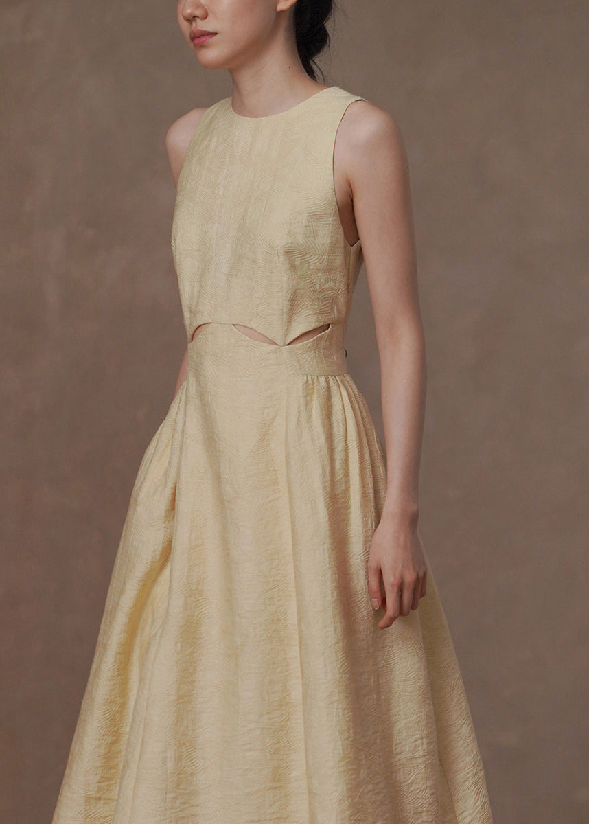 Women Light Yellow Hollow Out Jacquard Dresses Sleeveless