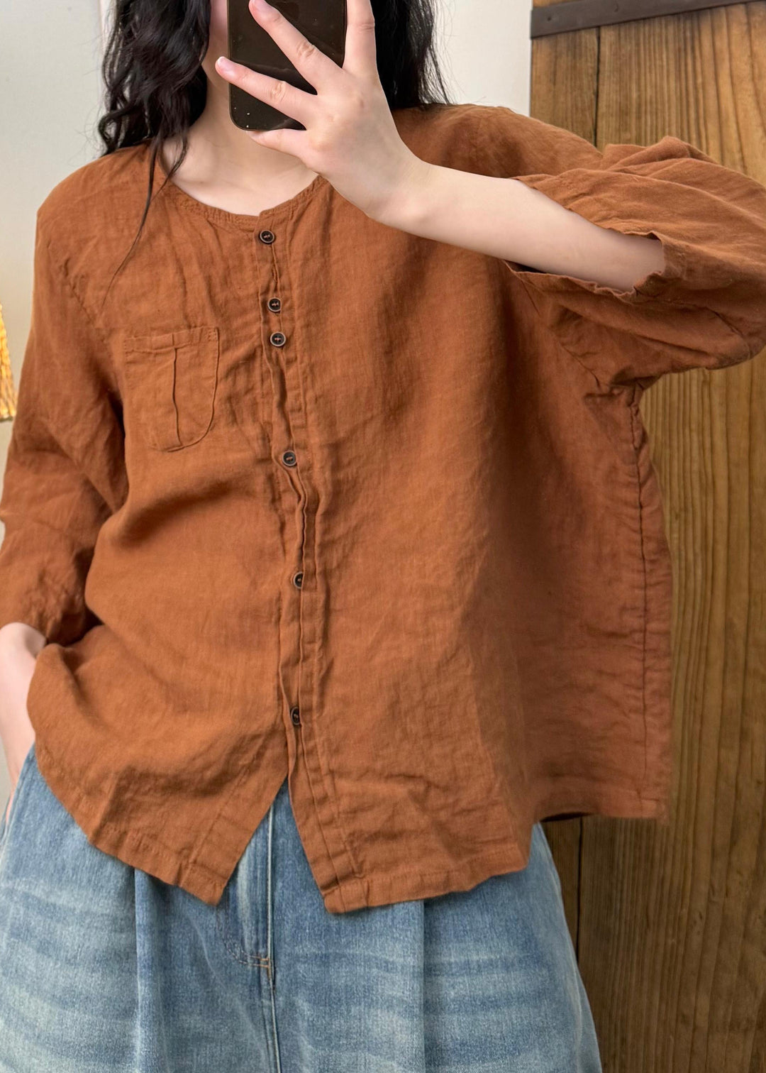 Women Linen Color O Neck Button Cotton Blouses Fall