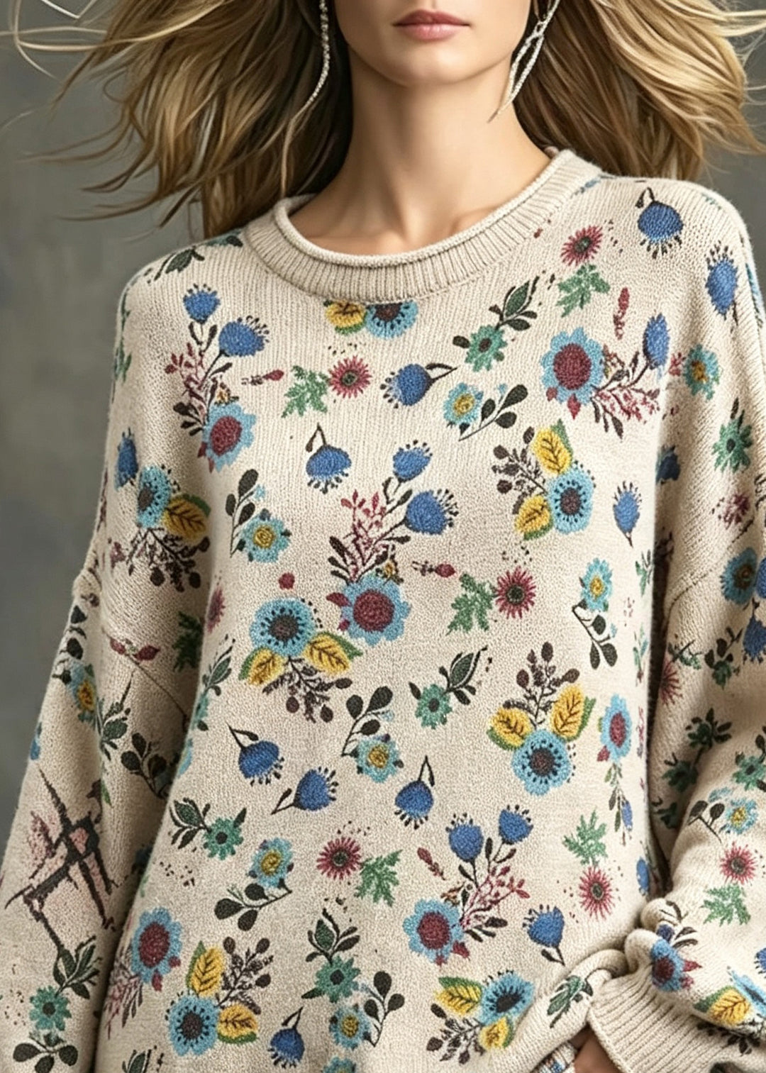 Women Loose Apricot O Neck Print Knit Sweater Tops Fall