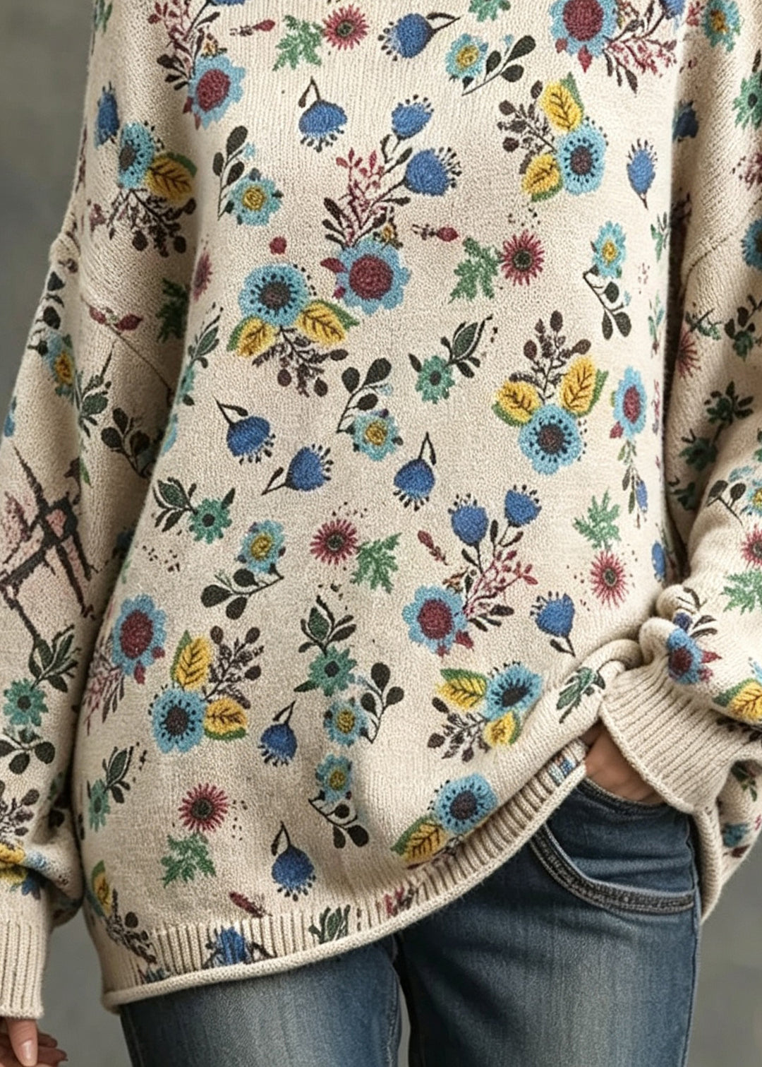 Women Loose Apricot O Neck Print Knit Sweater Tops Fall