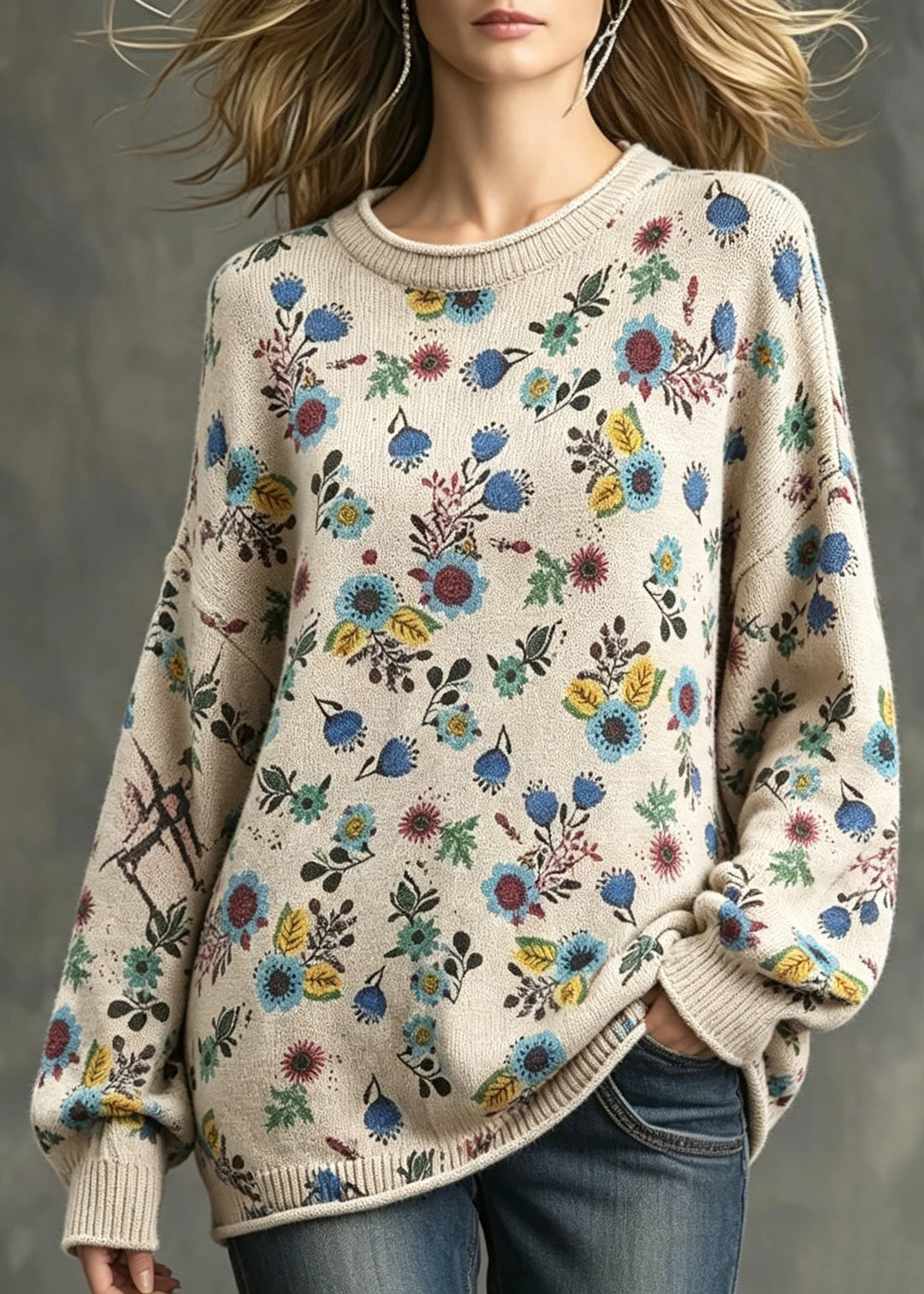 Women Loose Apricot O Neck Print Knit Sweater Tops Fall