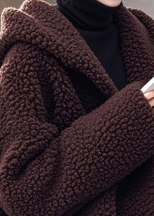 Women Loose Brown Hooded Faux Fur Coat Winter