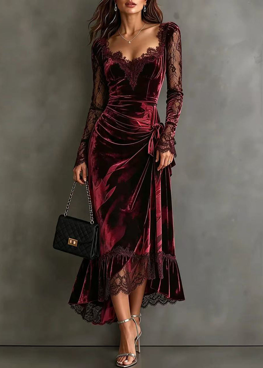 Women Mulberry Asymmetrical Tie Waist Patchwork Lace Maxi Dress Fall