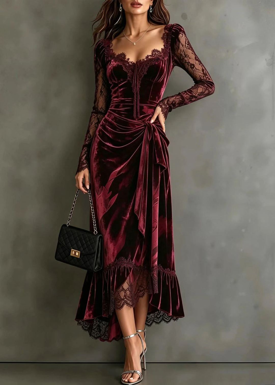 Women Mulberry Asymmetrical Tie Waist Patchwork Lace Maxi Dress Fall