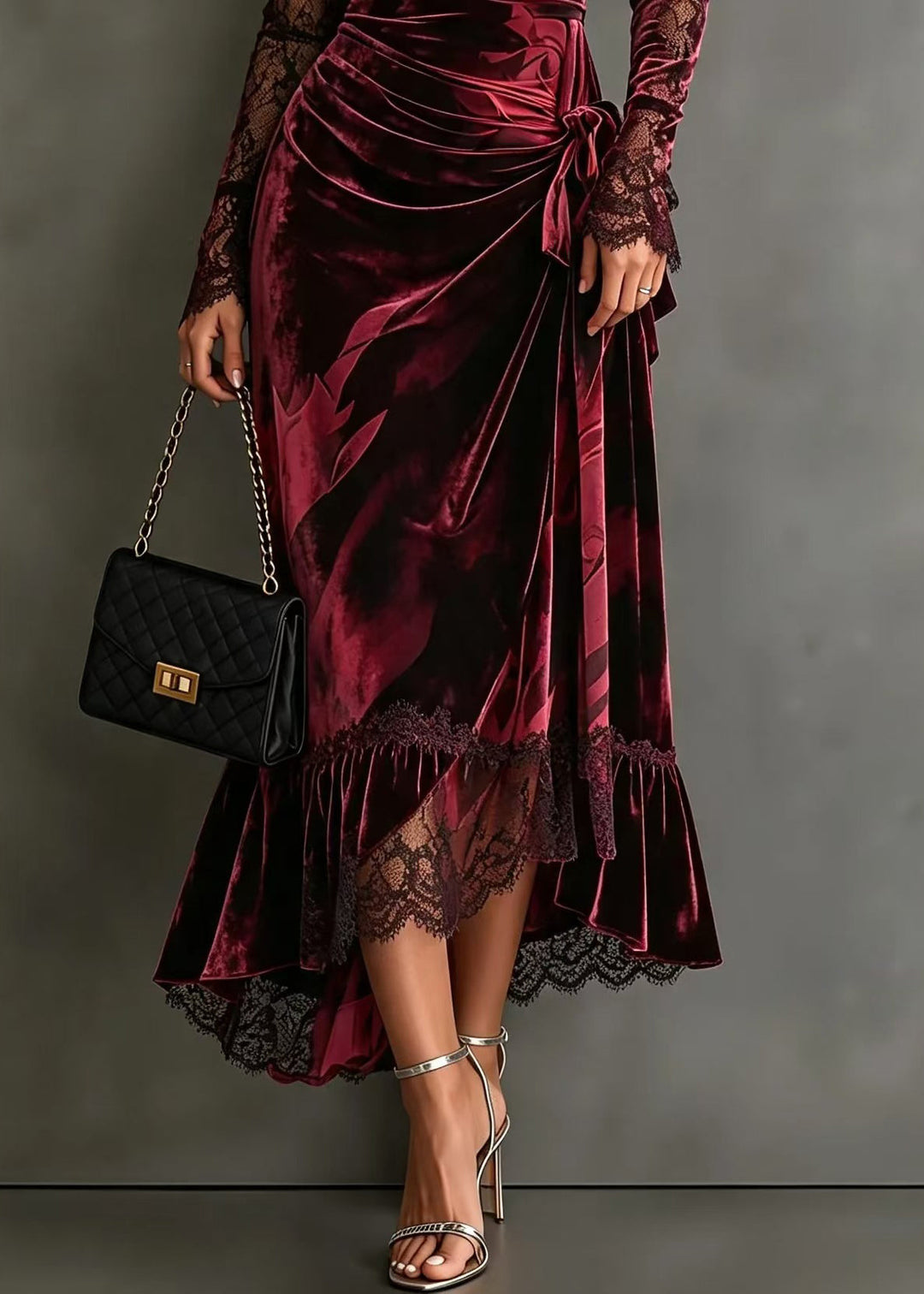 Women Mulberry Asymmetrical Tie Waist Patchwork Lace Maxi Dress Fall