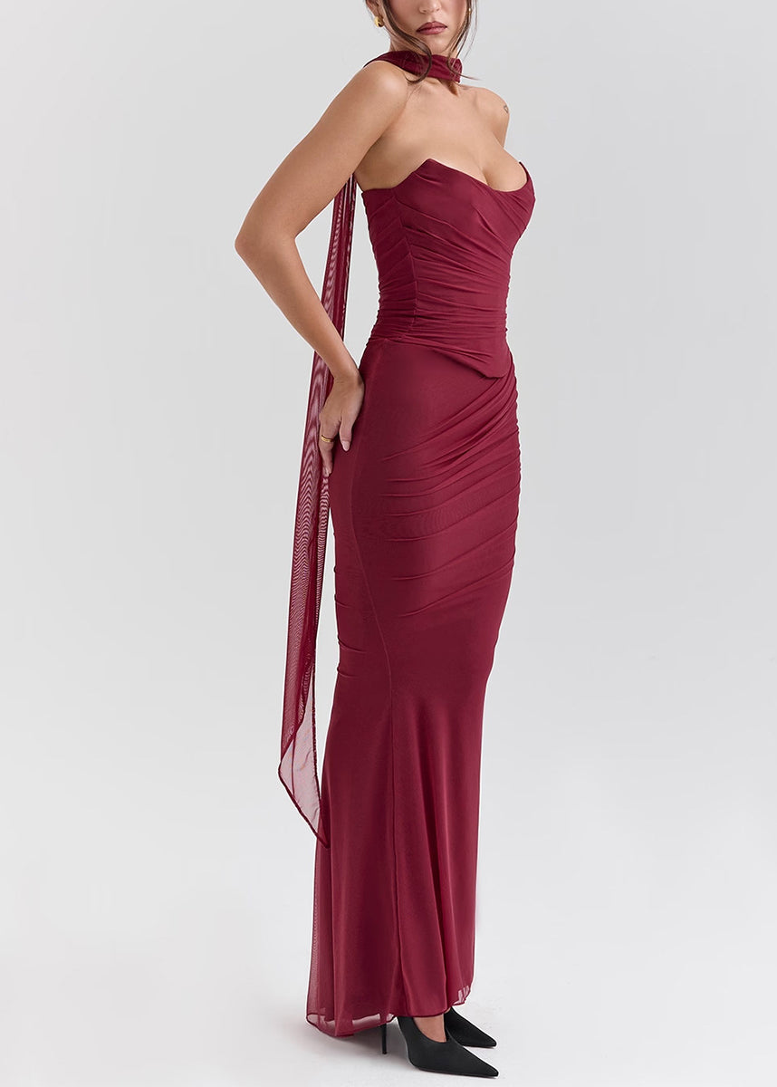 Women Mulberry Cold Shoulder Wrinkled Tulle Vacation Dresses Summer