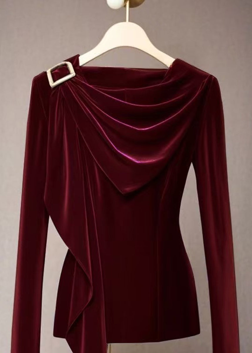 Women Mulberry Cowl Neck Draped Velvet Top Fall