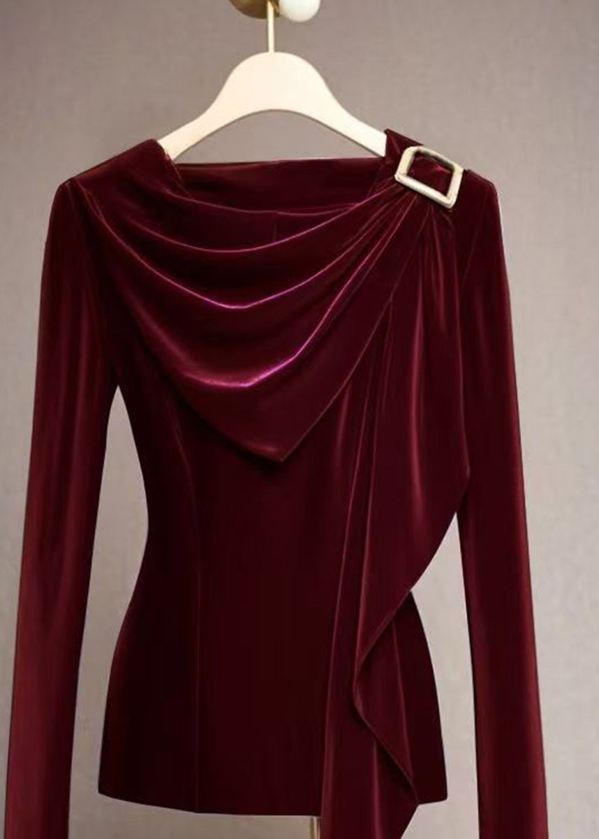 Women Mulberry Cowl Neck Draped Velvet Top Fall