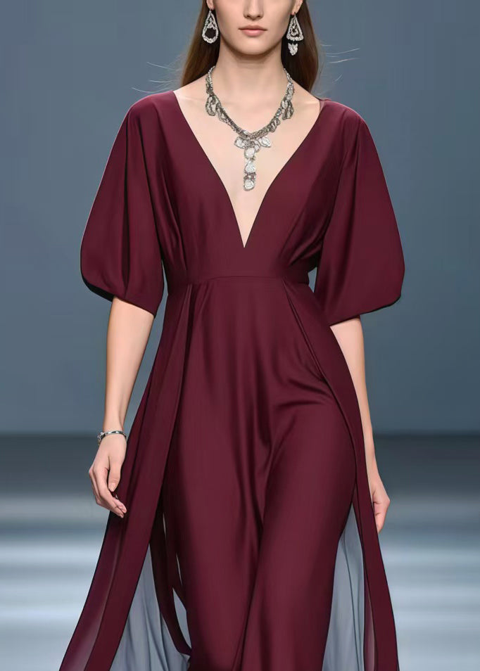 Women Mulberry Deep-V Neck Exra Large Hem Chiffon Vacation Dresses Summer
