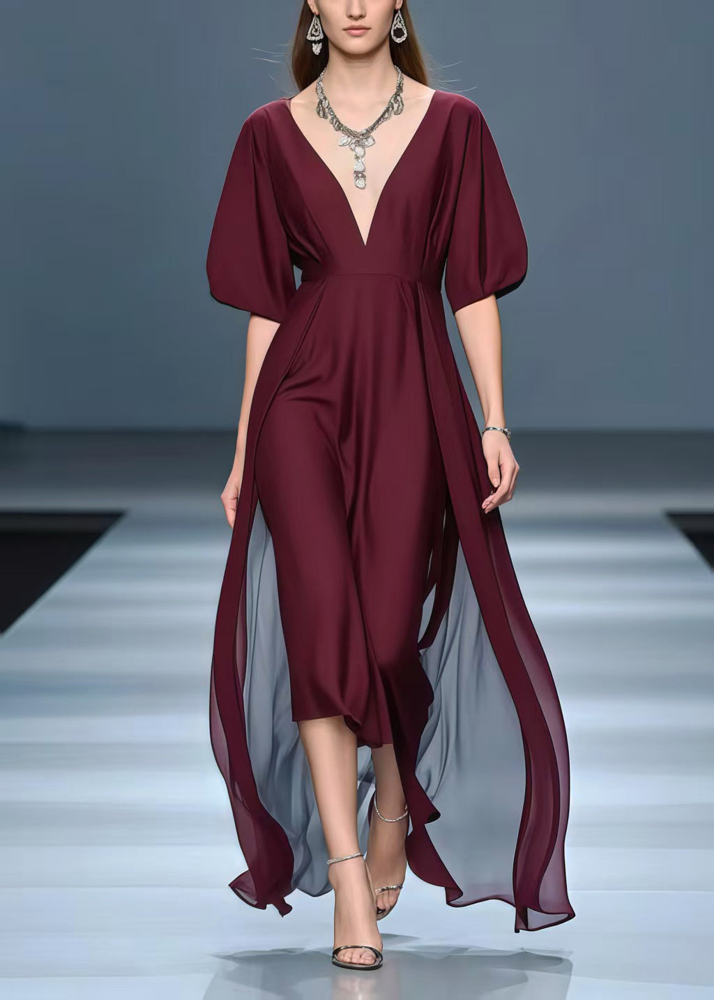 Women Mulberry Deep-V Neck Exra Large Hem Chiffon Vacation Dresses Summer