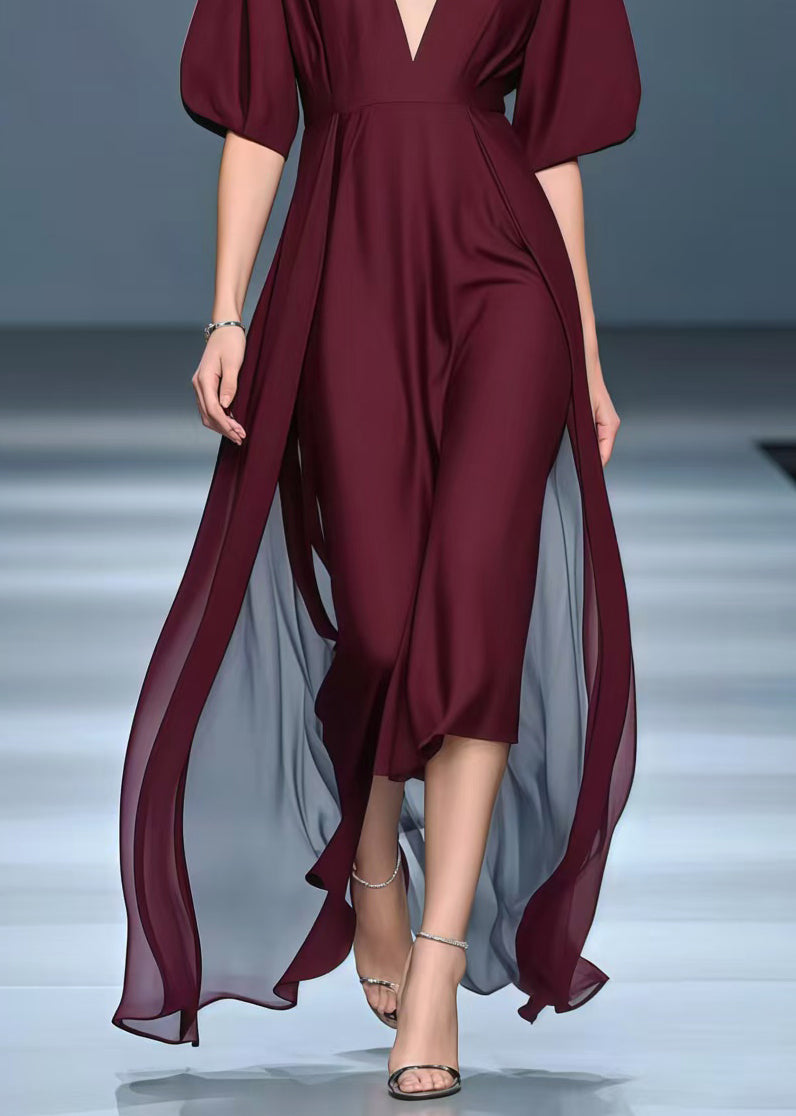 Women Mulberry Deep-V Neck Exra Large Hem Chiffon Vacation Dresses Summer