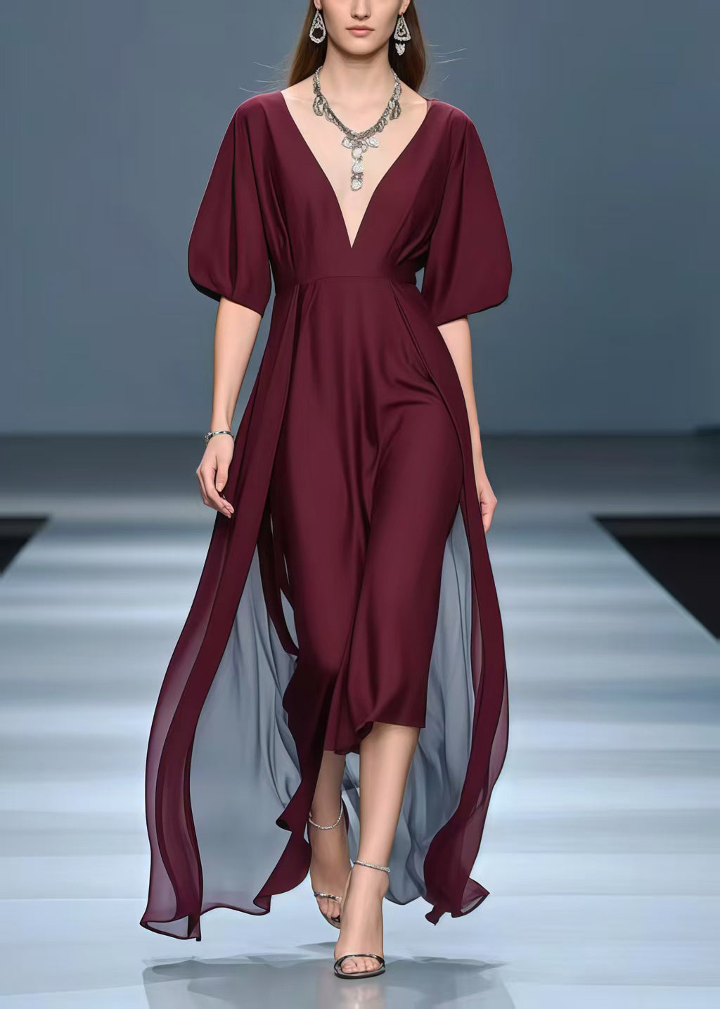 Women Mulberry Deep-V Neck Exra Large Hem Chiffon Vacation Dresses Summer
