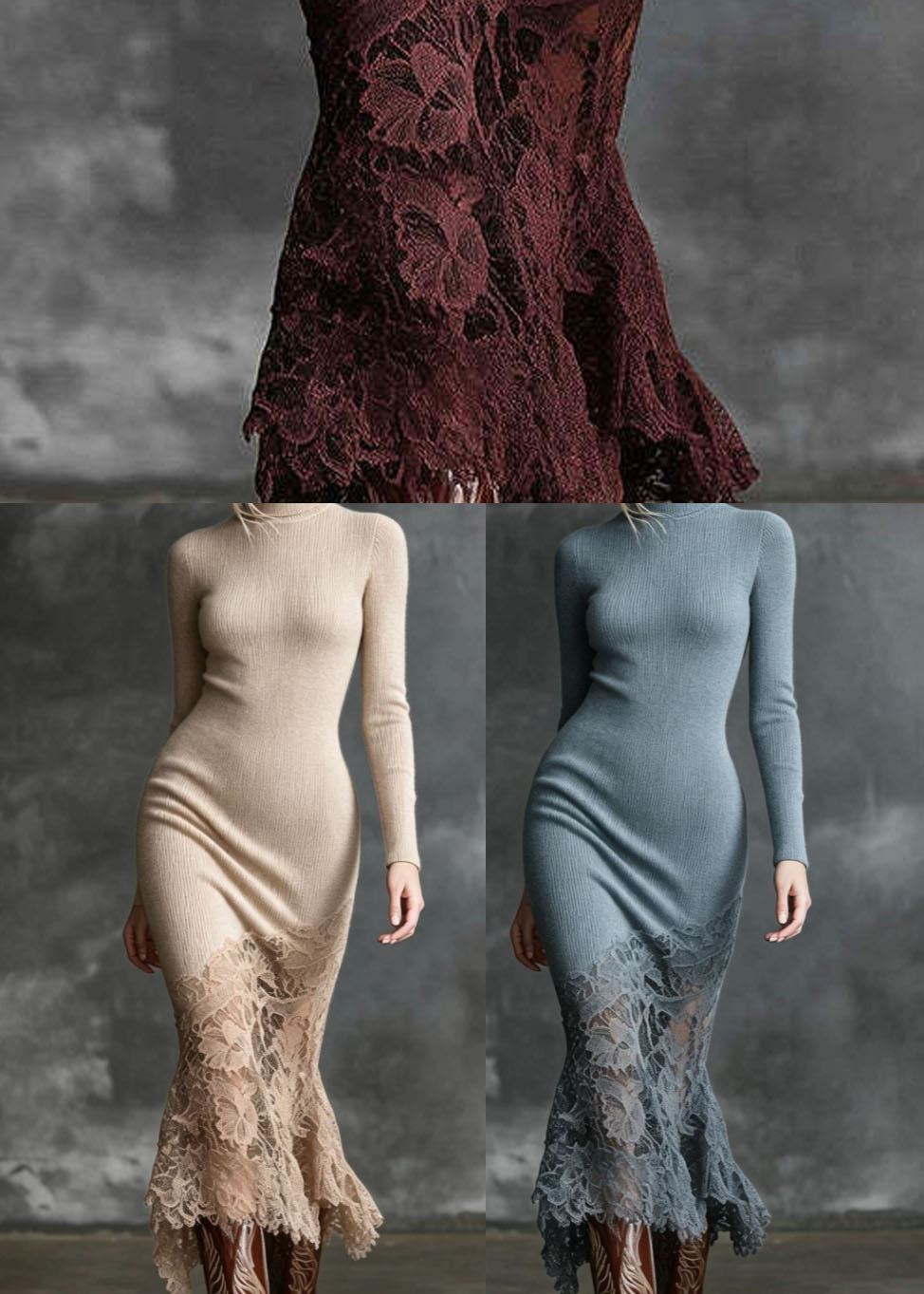 Women Mulberry High Neck Patchwork Lace Knit Dress Winter