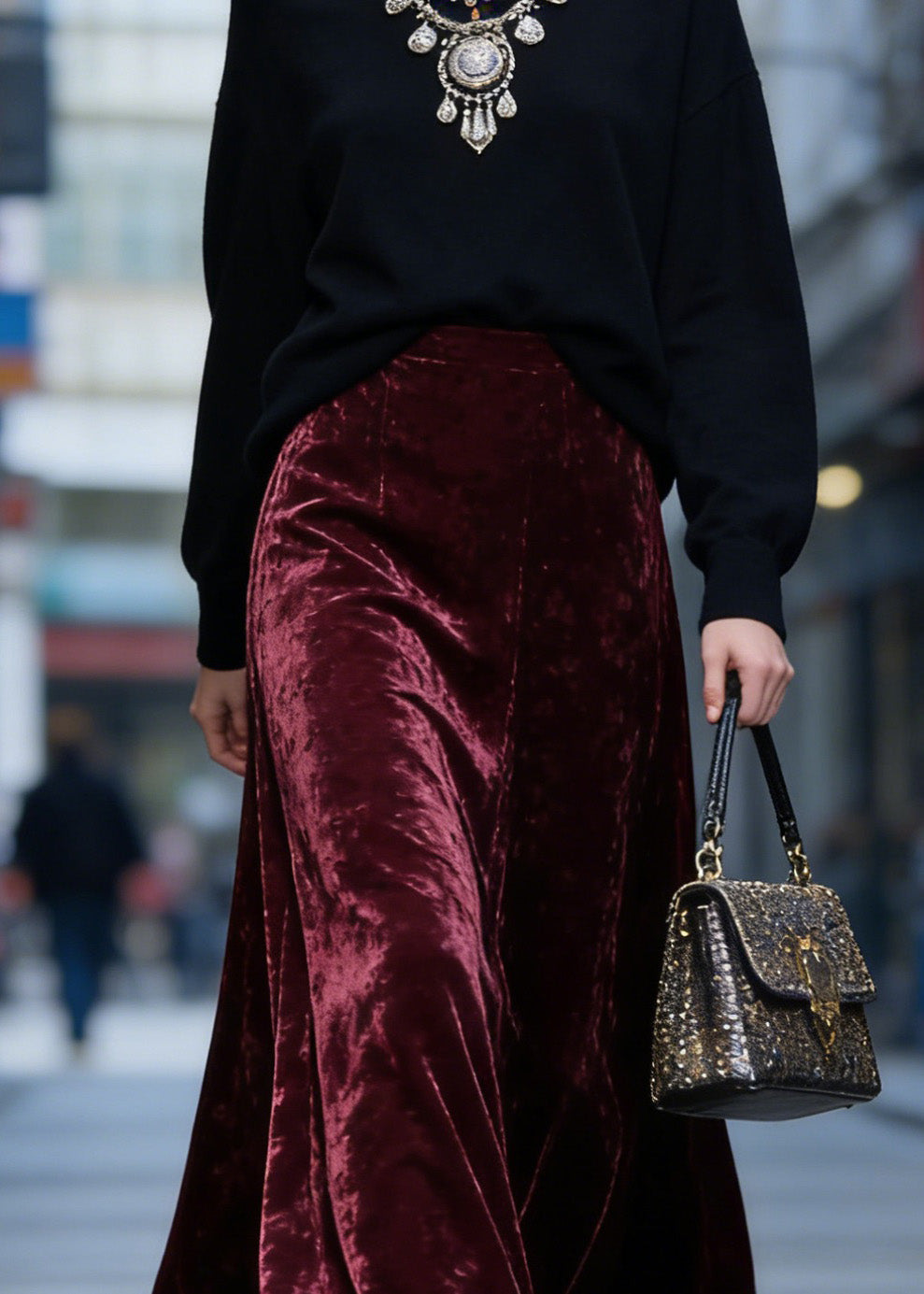 Women Mulberry High Waist Exra Large Hem Velvet Skirt Spring