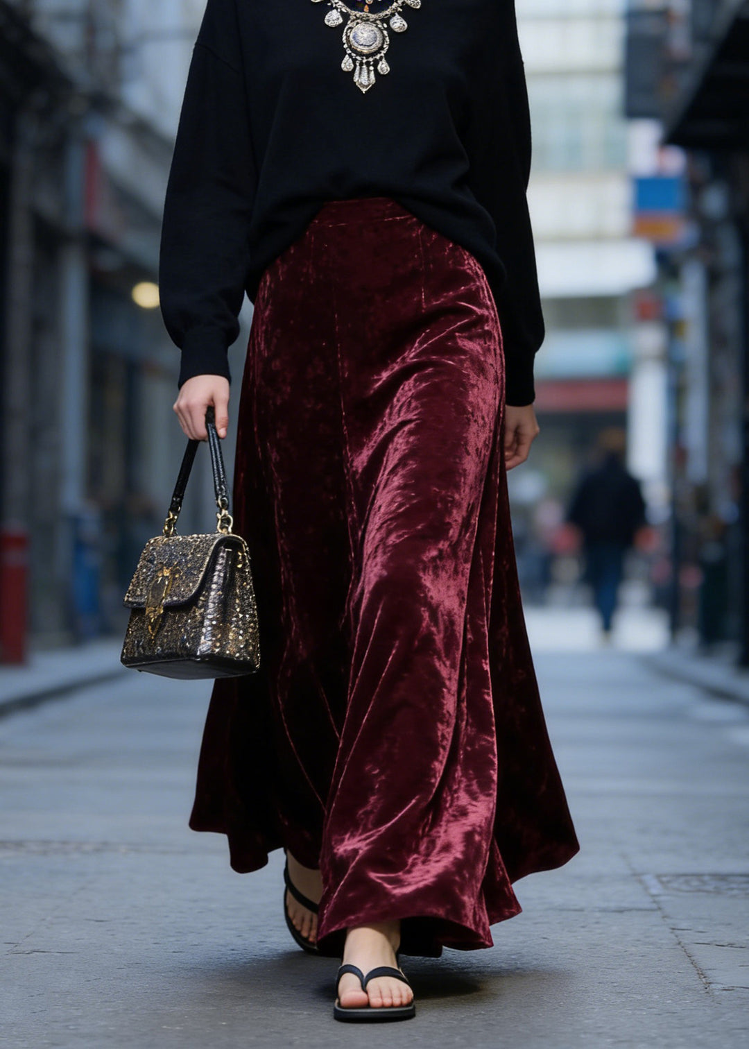 Women Mulberry High Waist Exra Large Hem Velvet Skirt Spring