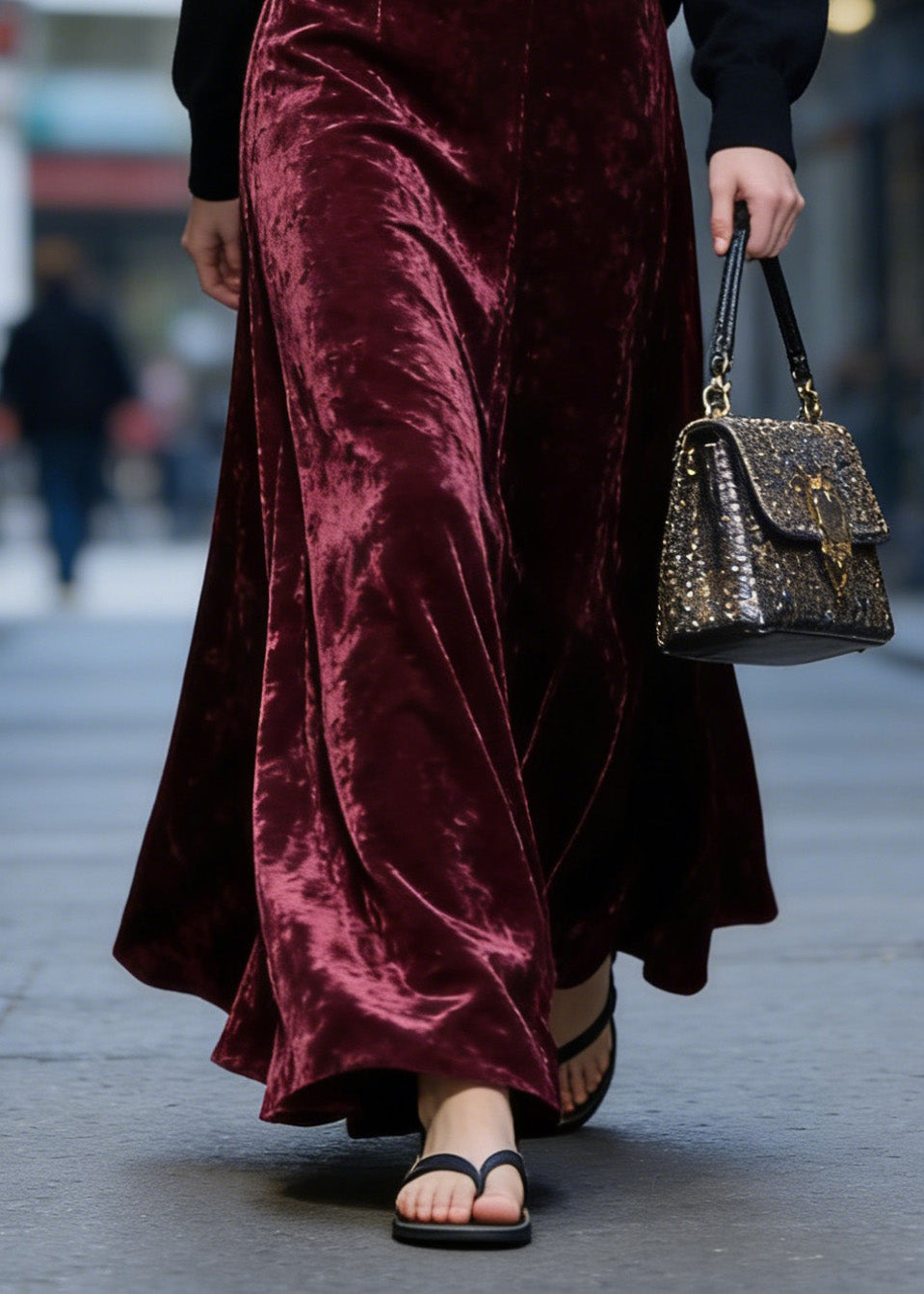 Women Mulberry High Waist Exra Large Hem Velvet Skirt Spring