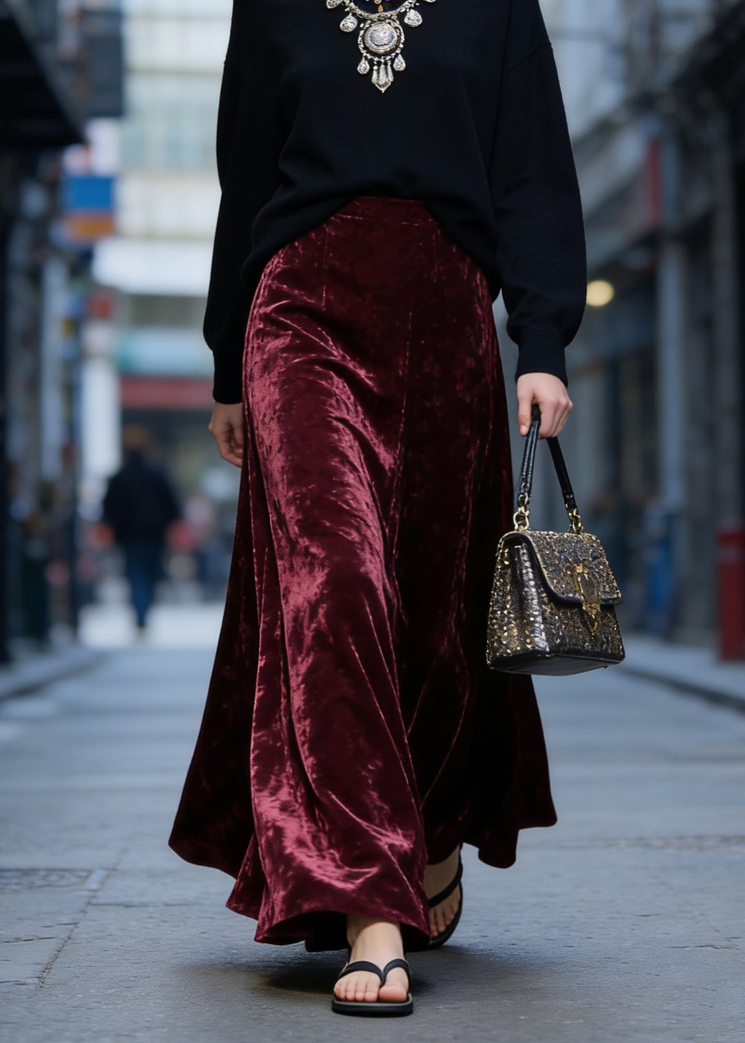 Women Mulberry High Waist Exra Large Hem Velvet Skirt Spring