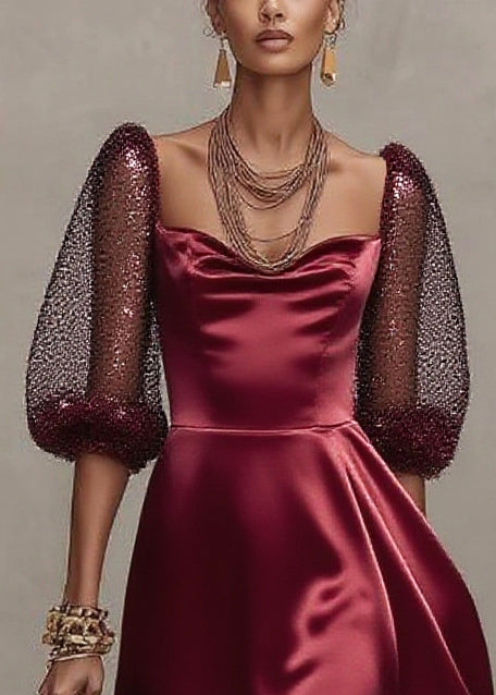 Women Mulberry Patchwork Exra Large Hem Tulle Dinner Dress Lantern Sleeve