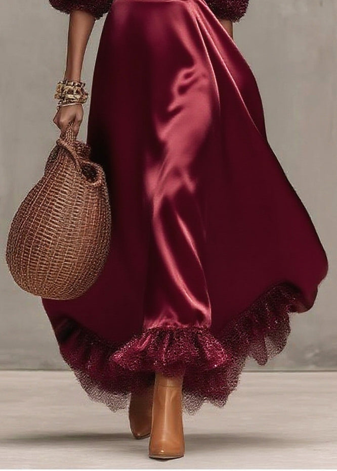 Women Mulberry Patchwork Exra Large Hem Tulle Dinner Dress Lantern Sleeve