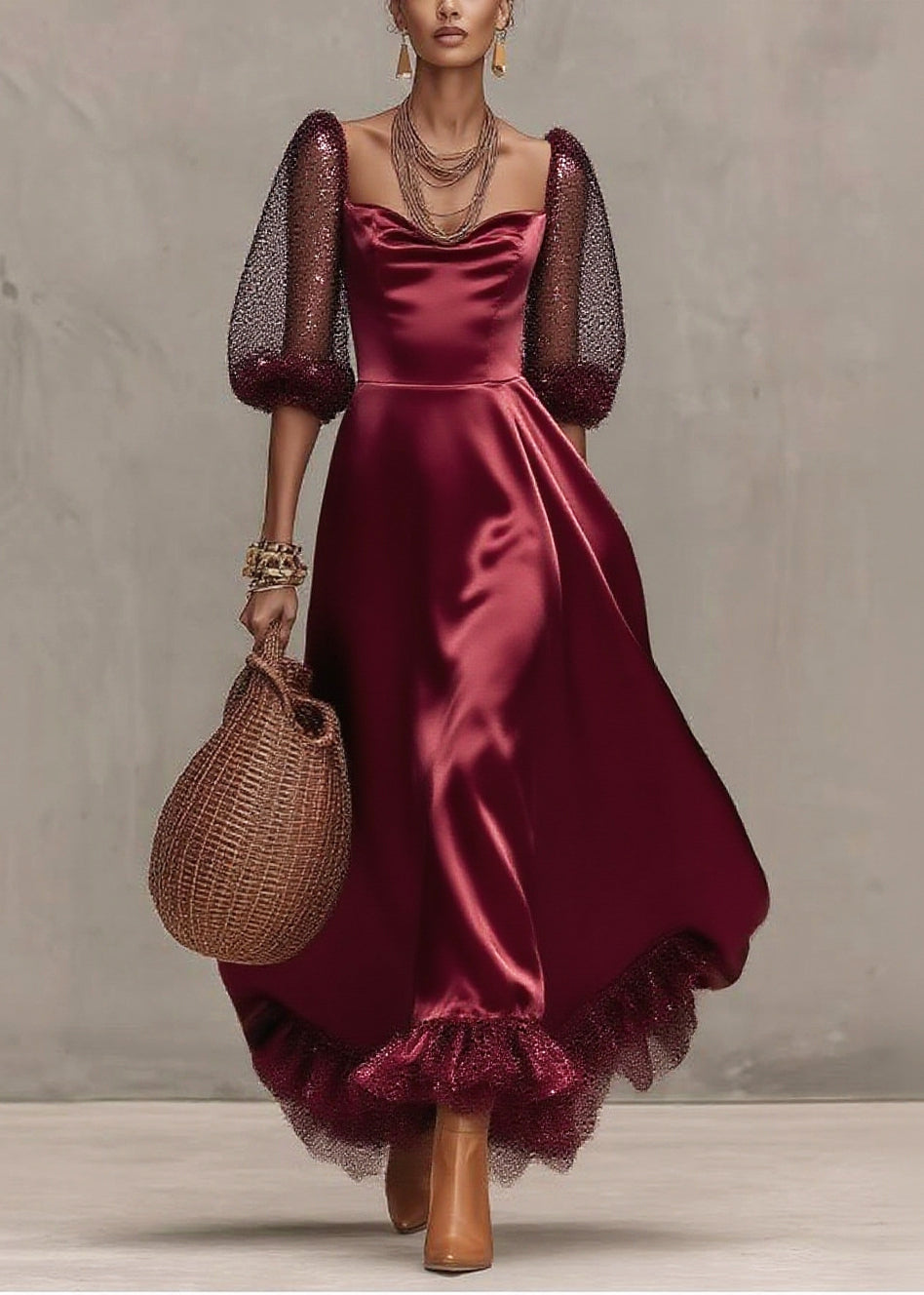 Women Mulberry Patchwork Exra Large Hem Tulle Dinner Dress Lantern Sleeve