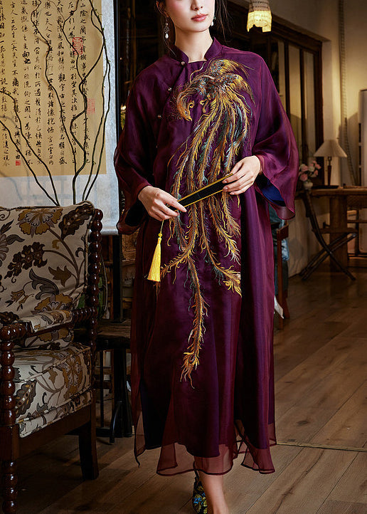 Women Mulberry Phoenix Embroidered Silk Dress Summer