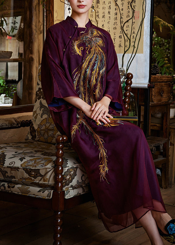 Women Mulberry Phoenix Embroidered Silk Dress Summer