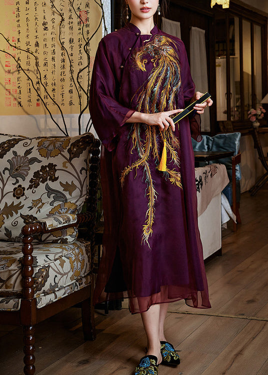 Women Mulberry Phoenix Embroidered Silk Dress Summer