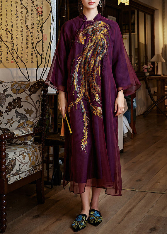 Women Mulberry Phoenix Embroidered Silk Dress Summer