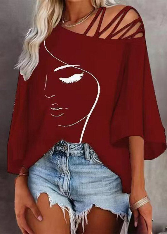 Women Mulberry Print Asymmetrical Hollow Out Short Sleeve Yoga Top