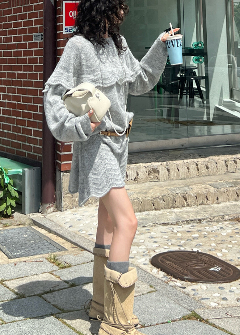 Women Mulberry Ruffled Hollow Out Knit Sweater Winter