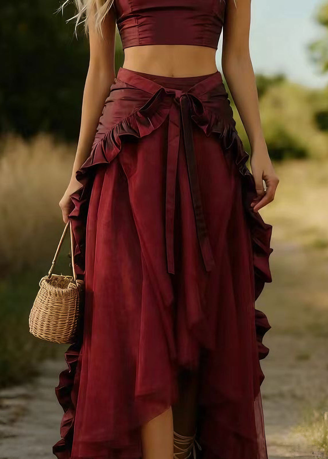 Women Mulberry Ruffled Patchwork Tulle Skirts Spring - Omychic