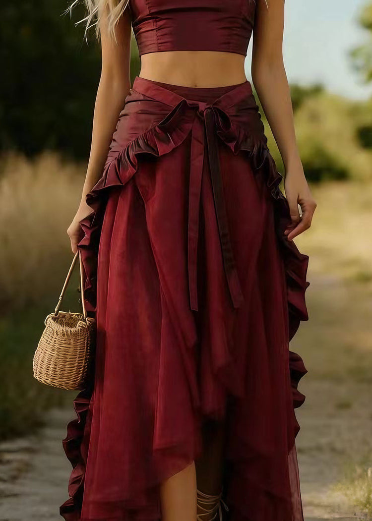 Women Mulberry Ruffled Patchwork Tulle Skirts Spring - Omychic