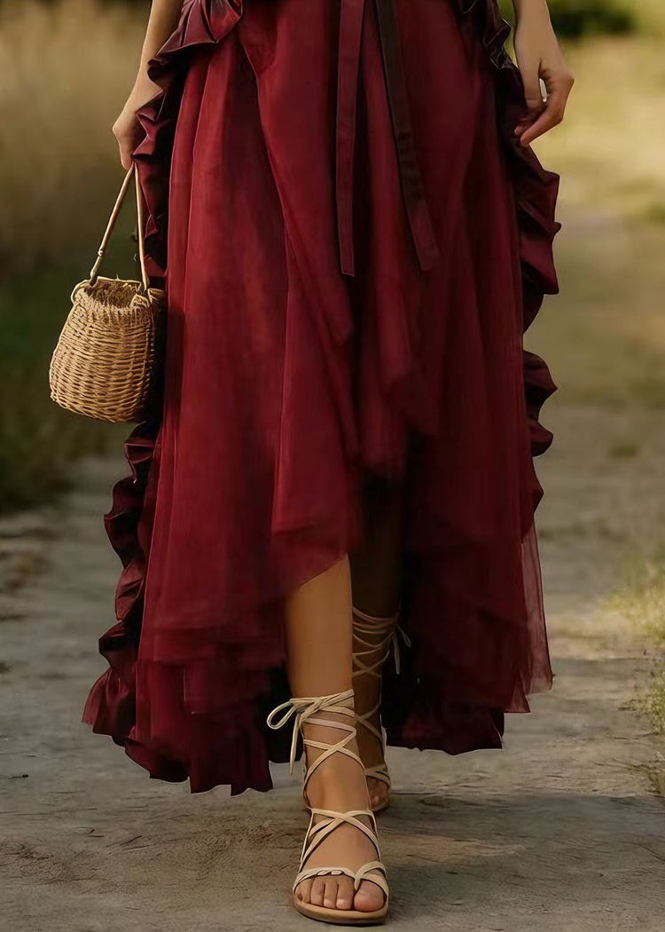 Women Mulberry Ruffled Patchwork Tulle Skirts Spring - Omychic