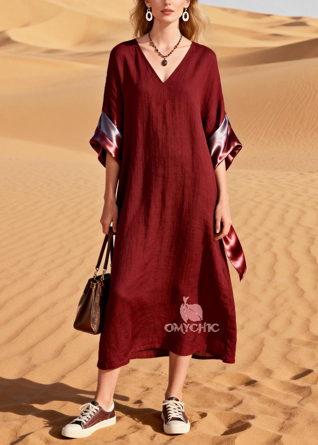 Women Mulberry V Neck Patchwork Cotton Long Dresses Summer