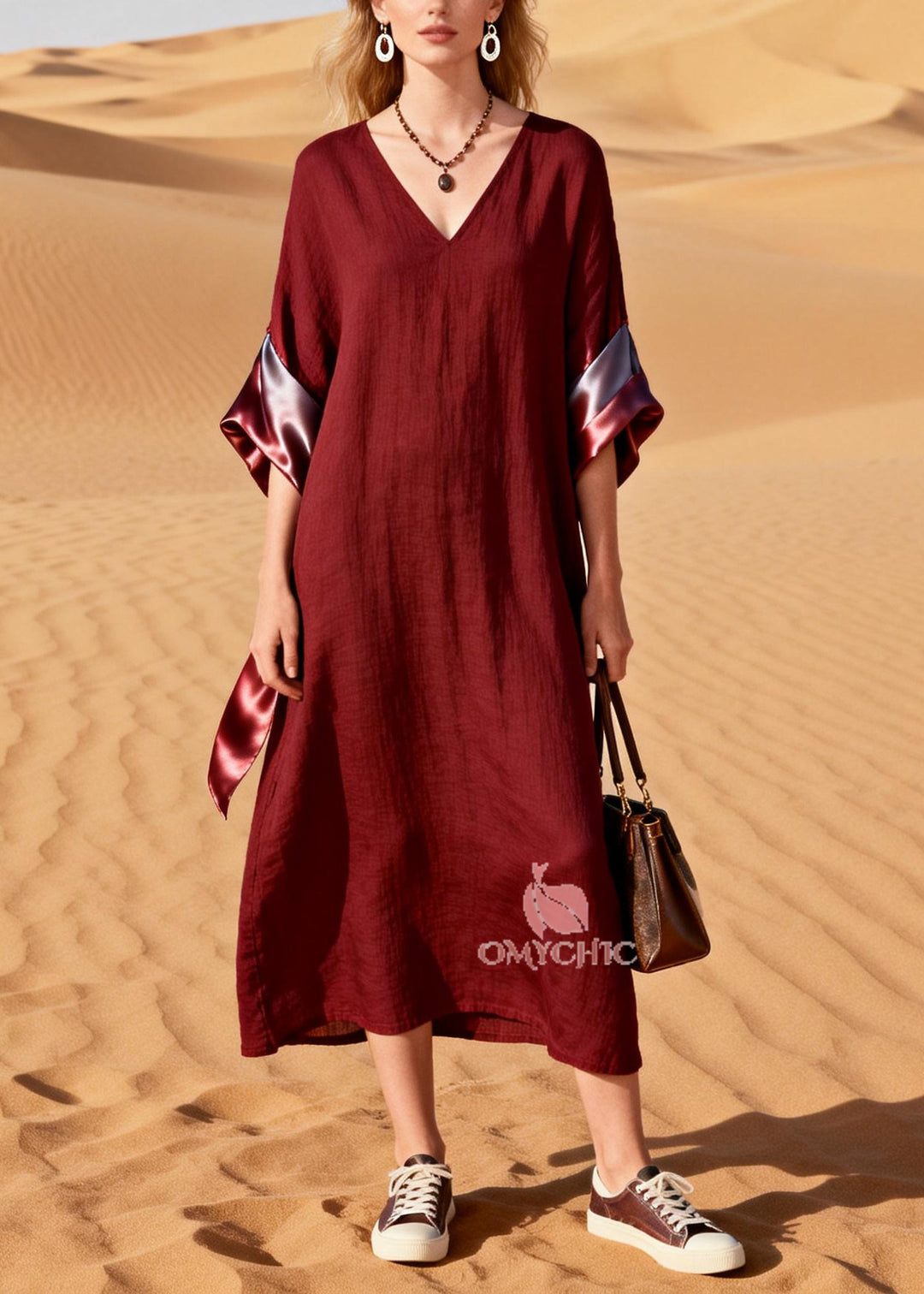 Women Mulberry V Neck Patchwork Cotton Long Dresses Summer