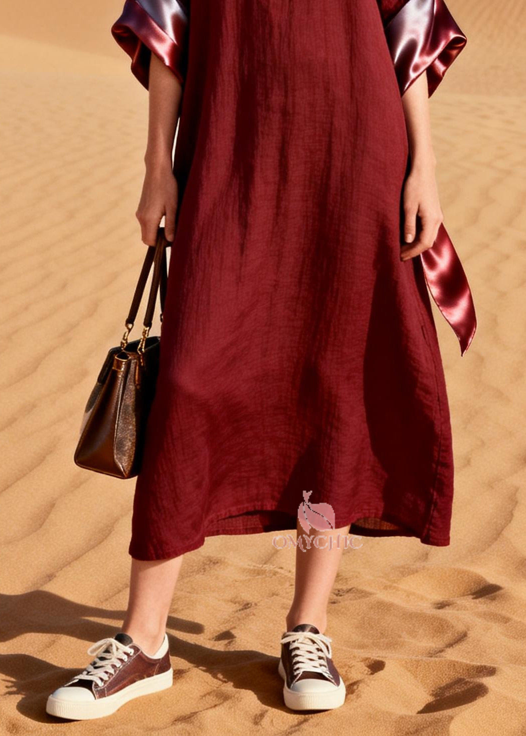 Women Mulberry V Neck Patchwork Cotton Long Dresses Summer