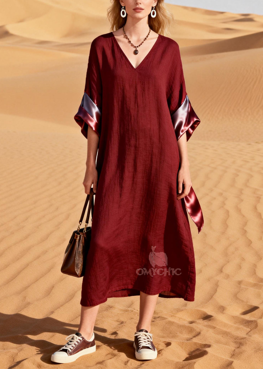 Women Mulberry V Neck Patchwork Cotton Long Dresses Summer