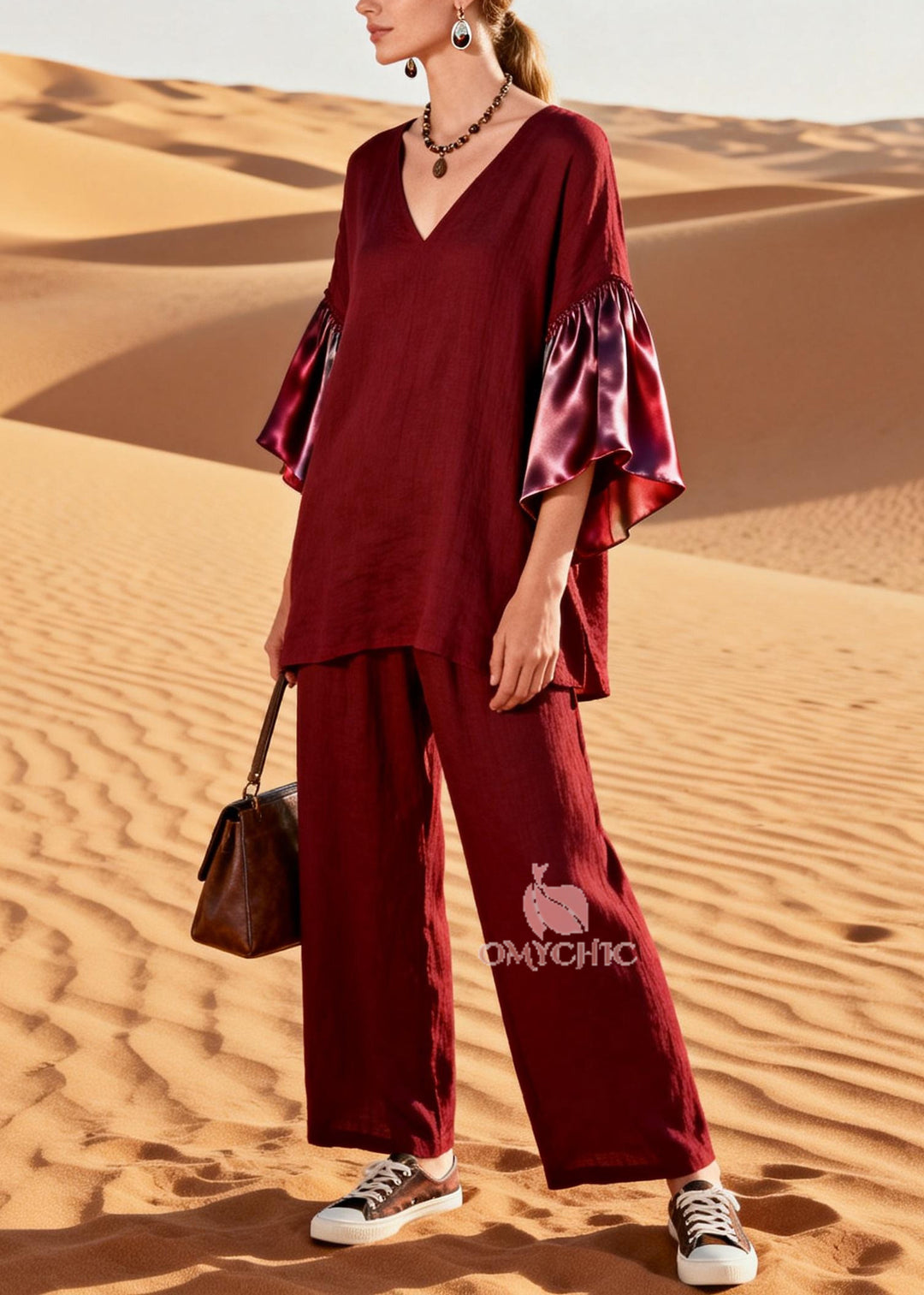 Women Mulberry V Neck Patchwork Linen Silk Two Pieces Set Flare Sleeve