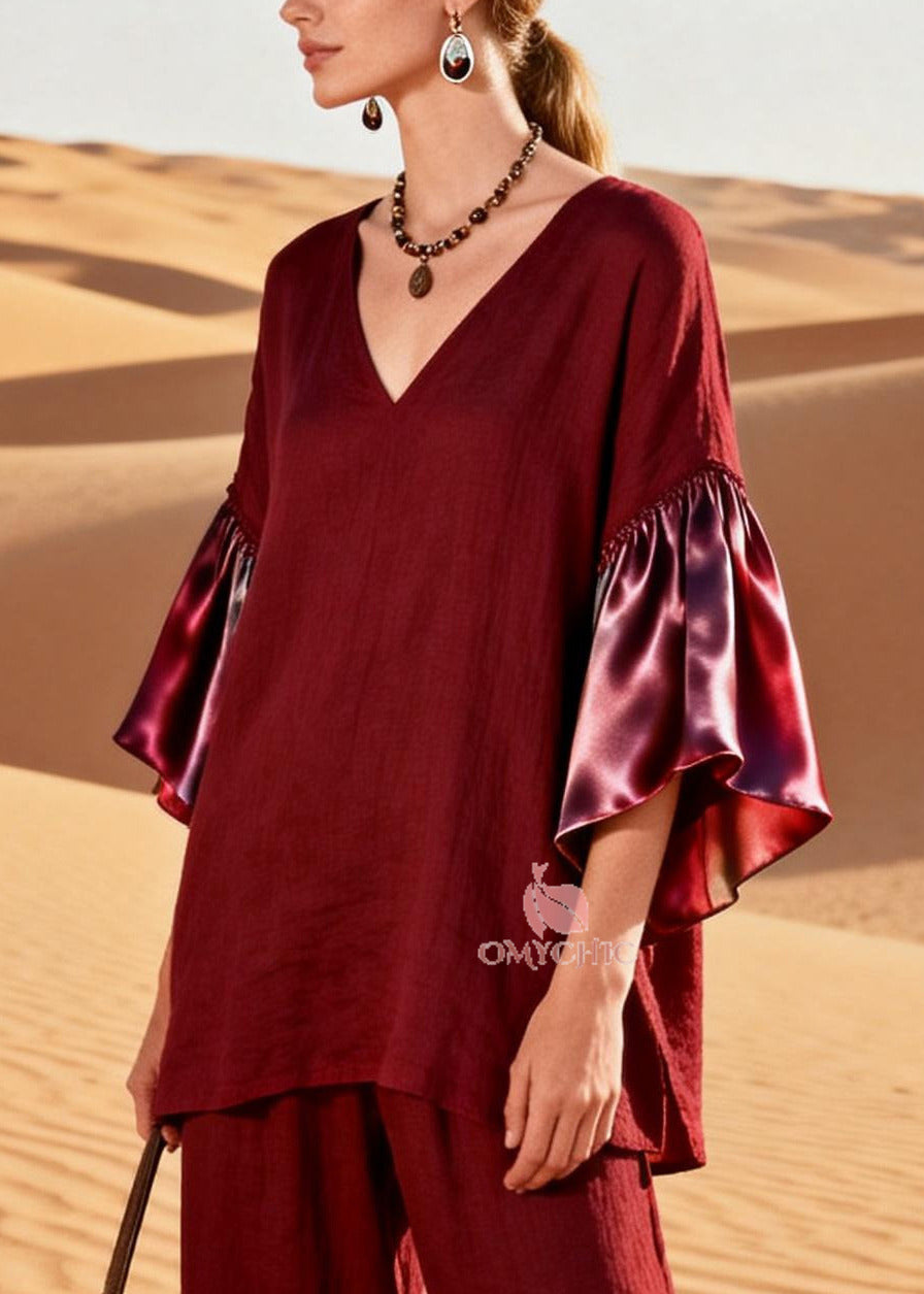 Women Mulberry V Neck Patchwork Linen Silk Two Pieces Set Flare Sleeve